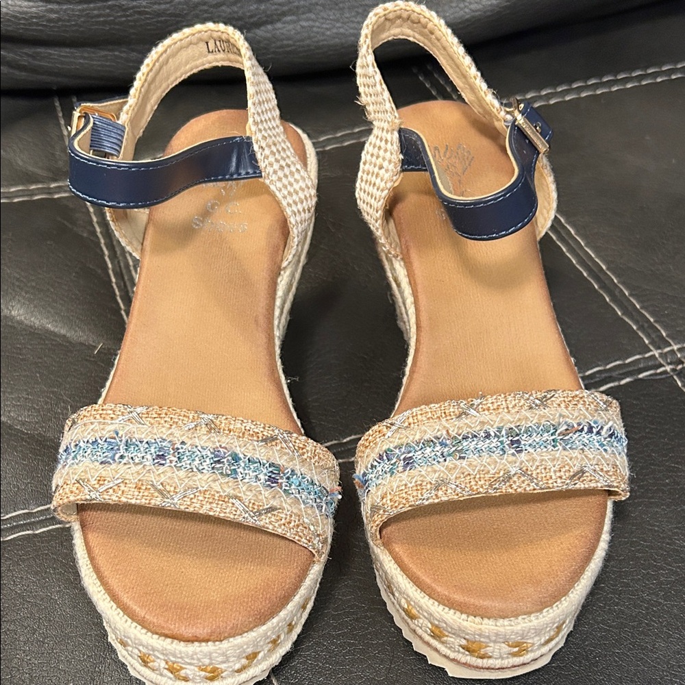 GC Shoes Lauren2 Navy and Tan Woven Wedge Sandals 6.5 - Picture 3 of 9